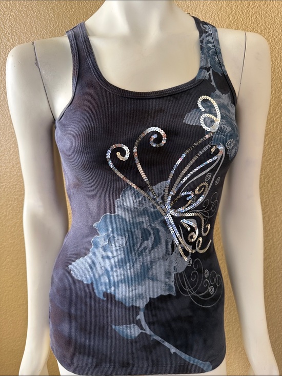 Cache Tops - Cache Charcoal Tank with Blue Rose & Rhinestone Butterfly